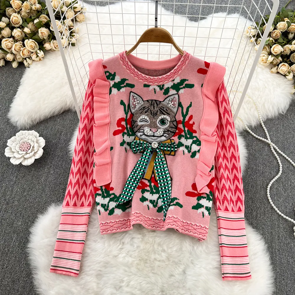 Kadın Sweaters 2023 Harajuku Elmaslar Boncuklu Kedi Yay Nakış Süvarisi Kadın Ruffles Çiçek Jakar Karikatür Kepon Krover Jumper Crop TOPS