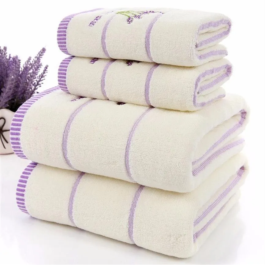 High Quality Luxury 100% Lavender Cotton Fabric Purple White Towel Set Bath Towels For Adults Child Face Towel Bathroom 3 Pieces234U