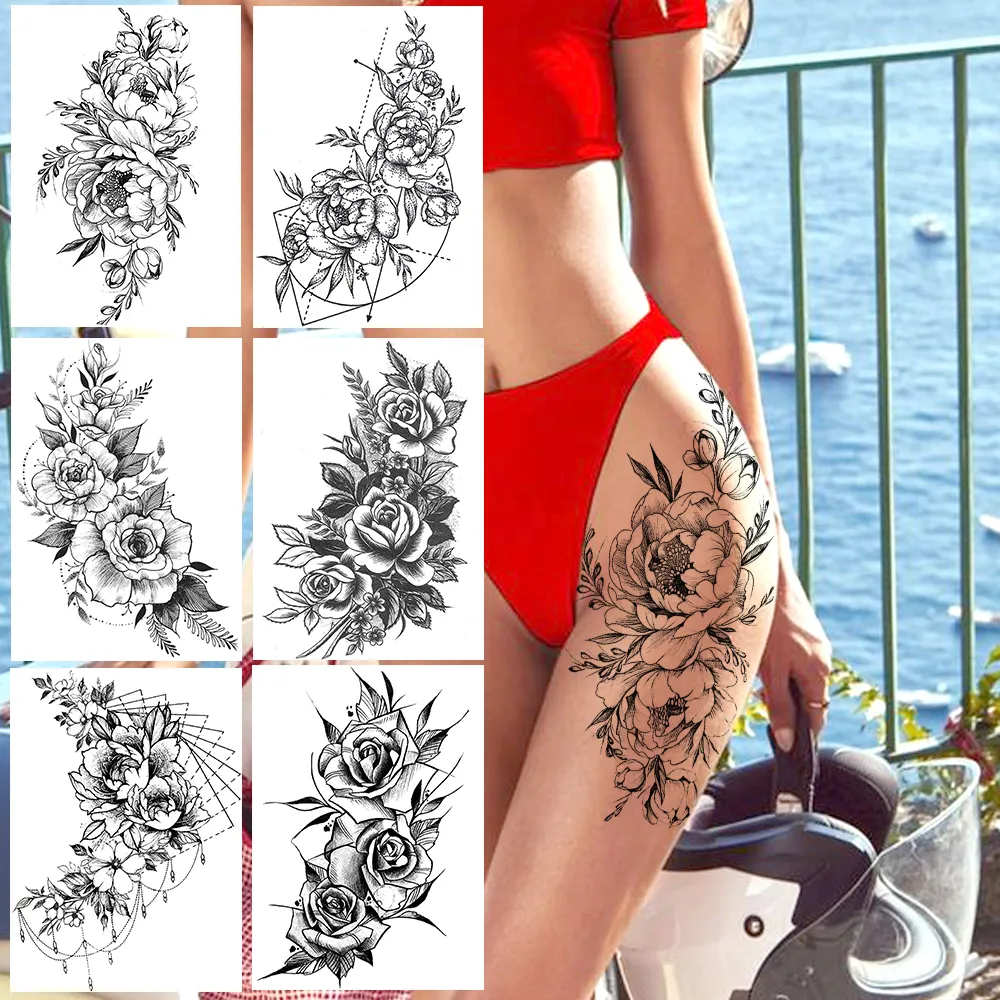 Tatuagens de peônia sexy realistas temporárias para mulheres adultas tatuagens de braço de flor adesivos à prova d'água florais falsos corpo arte perna tatuagens