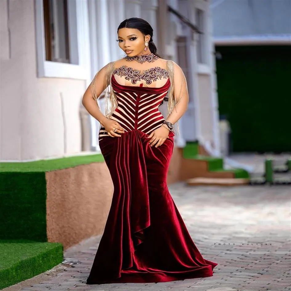 2021 Plus Size Arabic Aso EBI Burgundy Mermaid Sexy Promドレスビーズレースベルベットイブニングパーティーセカンドレセプションガウン