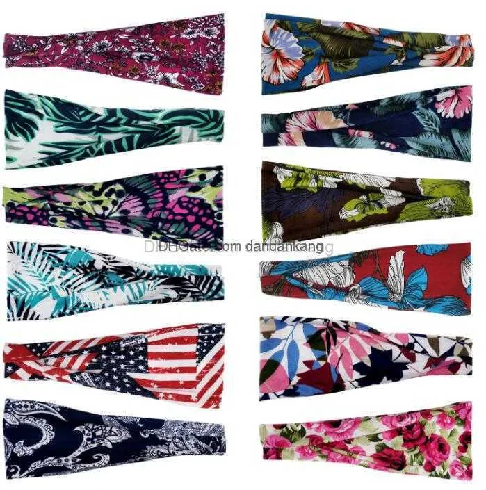 Mode Rose Floral Print Cotton Flower pannband Yoga Gym Träning Svett Band Hårband Girls Leisure Headdress Kvinnor Hårtillbehör