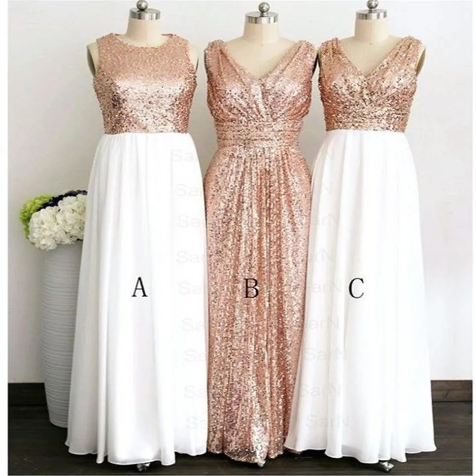 2018 Top in paillettes oro rosa Gonna in chiffon bianco Abiti da damigella d'onore economici lunghi Scollo a V Stile gioiello increspato per matrimonio Paese Prom Fo316q