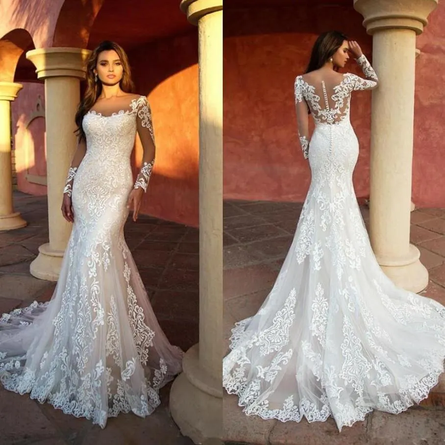 2021 Designer Full Lace Mermaid Trouwjurken Elegante Lange Mouwen Geappliceerd Kant Bruid Jurk Illusion Bruidsjurken robe de mar241q