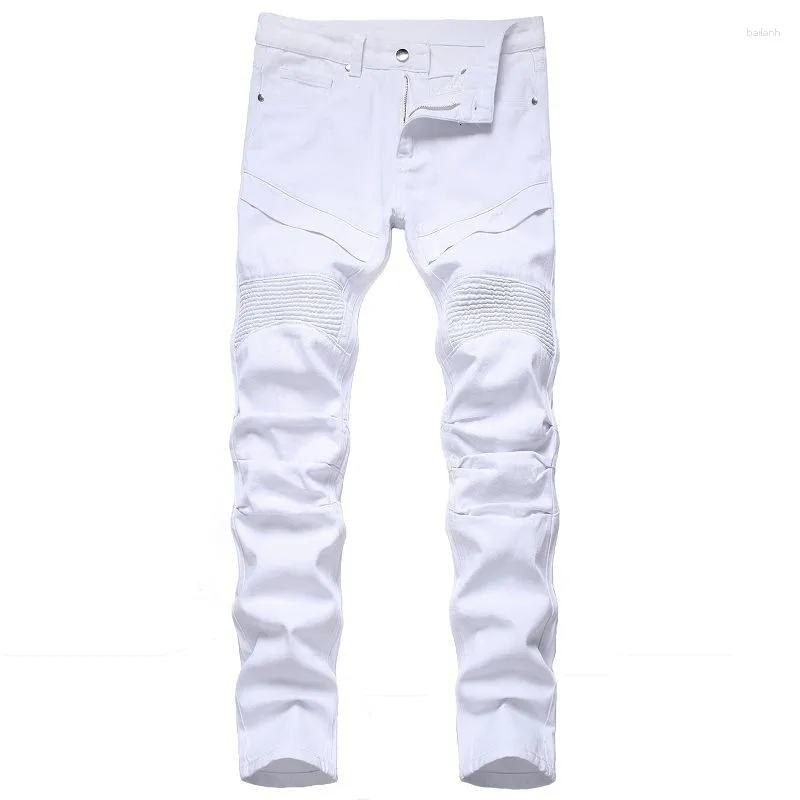 Jeans pour hommes hommes blanc maigre grande taille 28-42 européen américain Slim Fit pli tendance moto motard Denim pantalon (pas de ceinture)