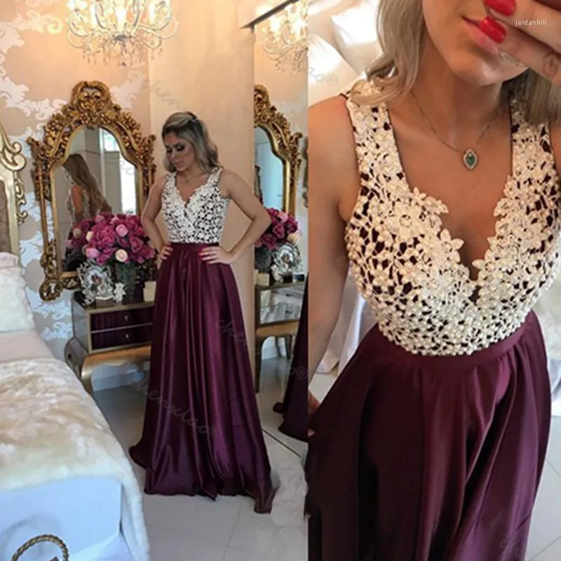 Party Dresses Prom Burgundy Satin Open Back Tank Sleeve Deep V Neck A-Line Vestido White Appliques Pearls Classic Gowns