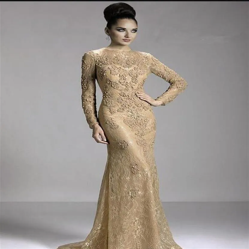 2018 Champagne Madre della sposa Abiti da sposo Girocollo Pizzo Manica lunga Illusion Appliques Perline Abiti da sera a sirena261p