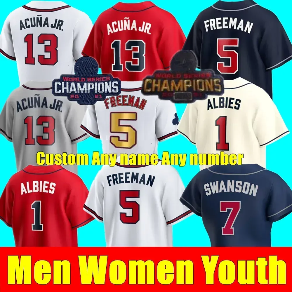 جديد 2022 بيسبول قمصان الرجال نساء الشباب شباب WS الذهب جيرسي Dansby Swanson 13 رونالد أكونا جونيور أوزي ألبس 28 مات أولسون فريدي فريمان 27 أوستن برايف