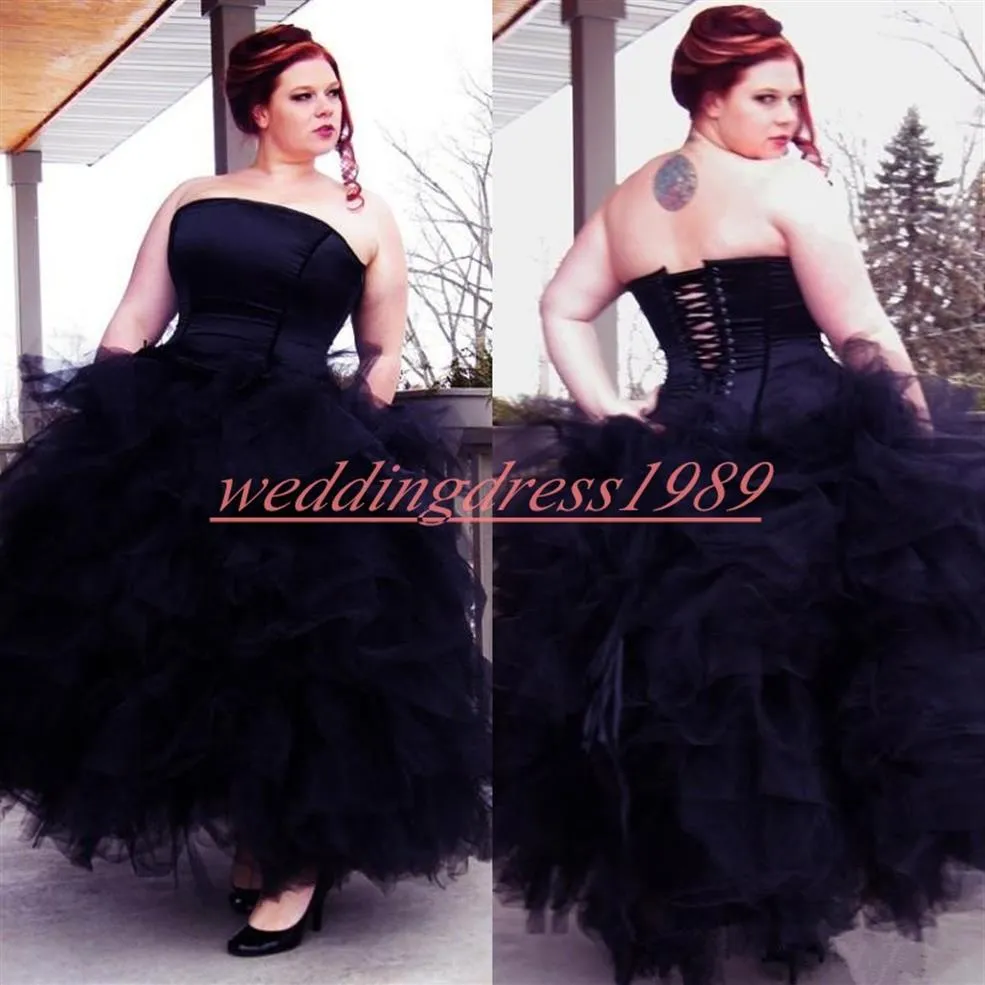 Elegance Gothic Plus Size Long Wedding Dress Black Tiered Tulle Strapless African vestido de noiva Arabic Bridal Gown Ball Country223y