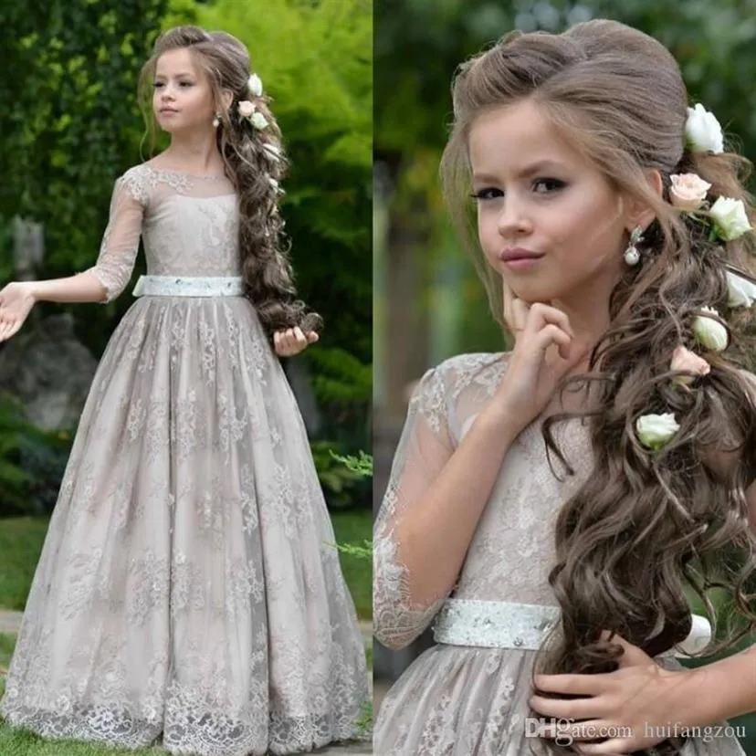 Princess Flower Girls Dresses Teenage For Wedding Lace Applicques Ball Gowns Tulle Long Hleeves Flower Girl Dress for S182K
