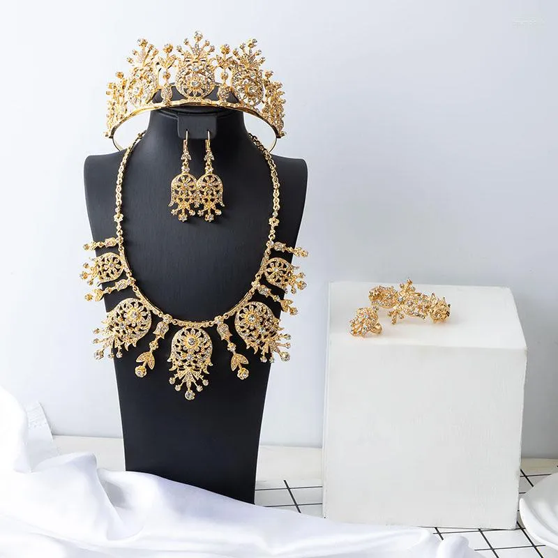 Necklace Earrings Set Luxury Crystal Wedding Bridal Jewelry Hand Inlay Rhinestones Retro Court Style Bracelet Ring Crown 5pcs