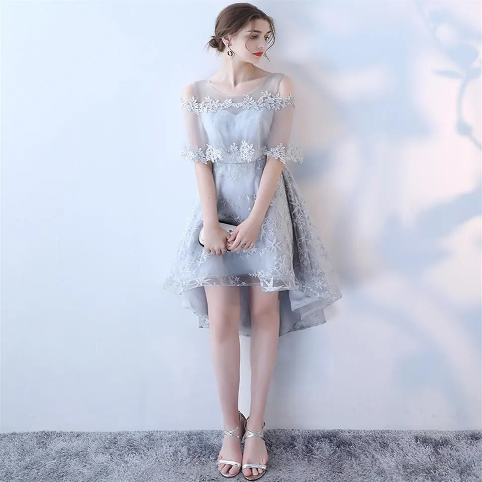 2020 Elegant Silver High Low Graduation Dress With Applique Lace