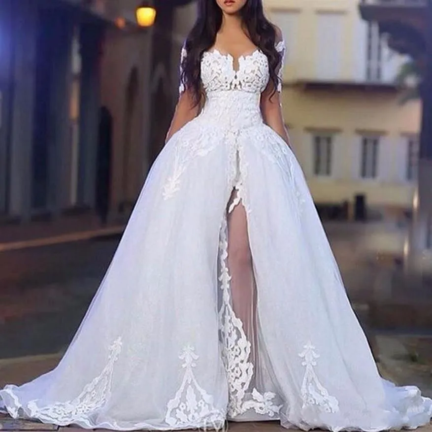 Elegante abito da sposa con spalle scoperte e gonna lunga con maniche lunghe in pizzo, abiti da ballo staccabili Train257B