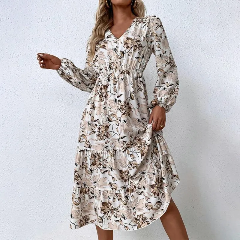 Casual Dresses Maxi Dress V Neck Large Hemline Loose Puff Long Sleeve Elegant A-Line Floral Print For Daily Wear