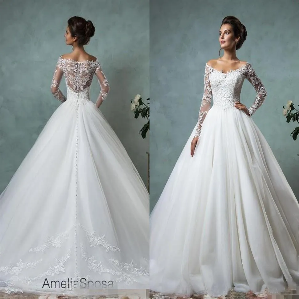 Vintage Lace Ball Gown Wedding Dresses Long Sleeves Appliqued V-Neck Off Shoulder Plus Size Bridal Gowns218r