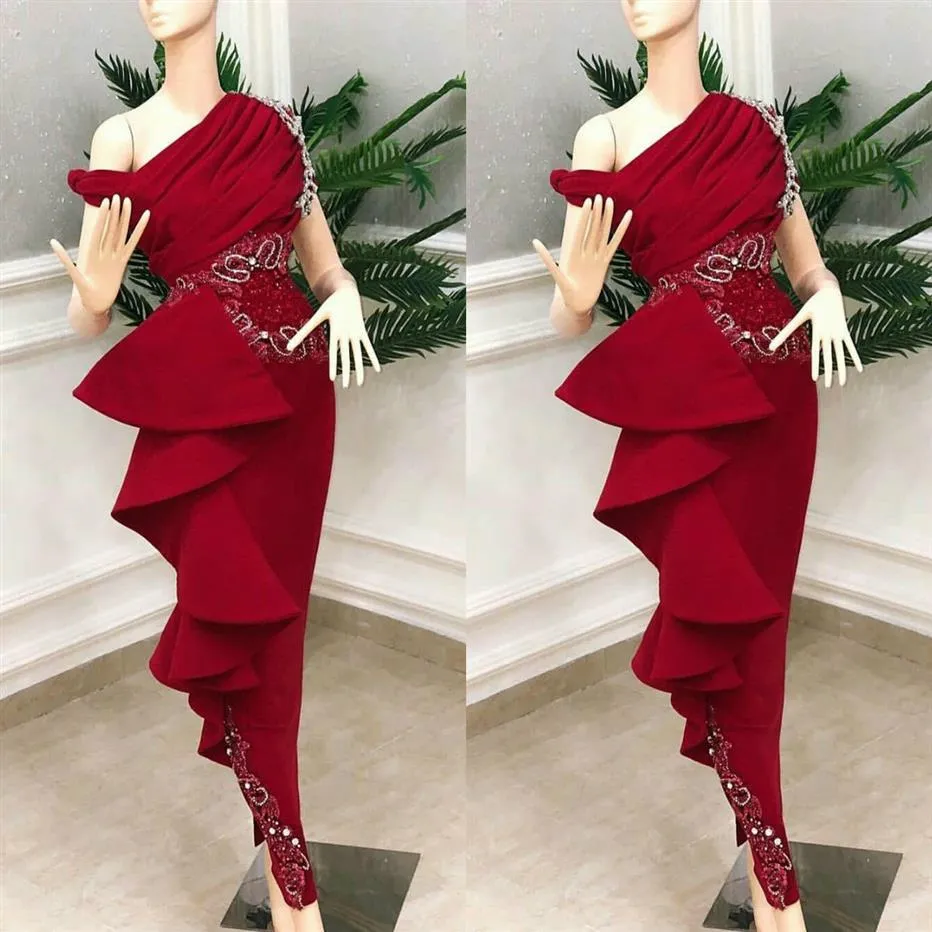 2020 Real Picture Red Evening Dresses Satin Ruffles spetspärlor av axel sjöjungfrun prom klänning skräddarsydd plus size cocktail par226y