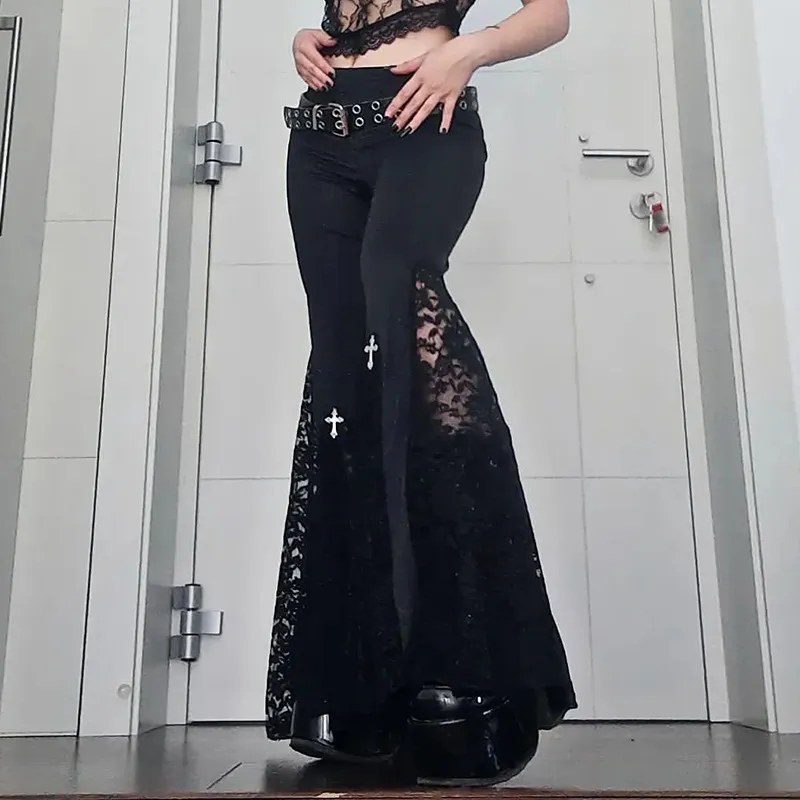 Womens Pants Capris Goth Mall Flare Pants Sexy Black Lace