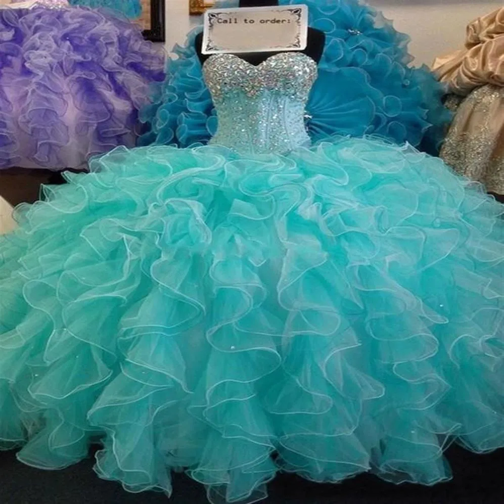 2021 Sexy Bling Quinceanera sukienki suknia balowa kochanie kryształ brokatowy błękitne marszczyzny warstwa Słodka 15 imprezowa bal