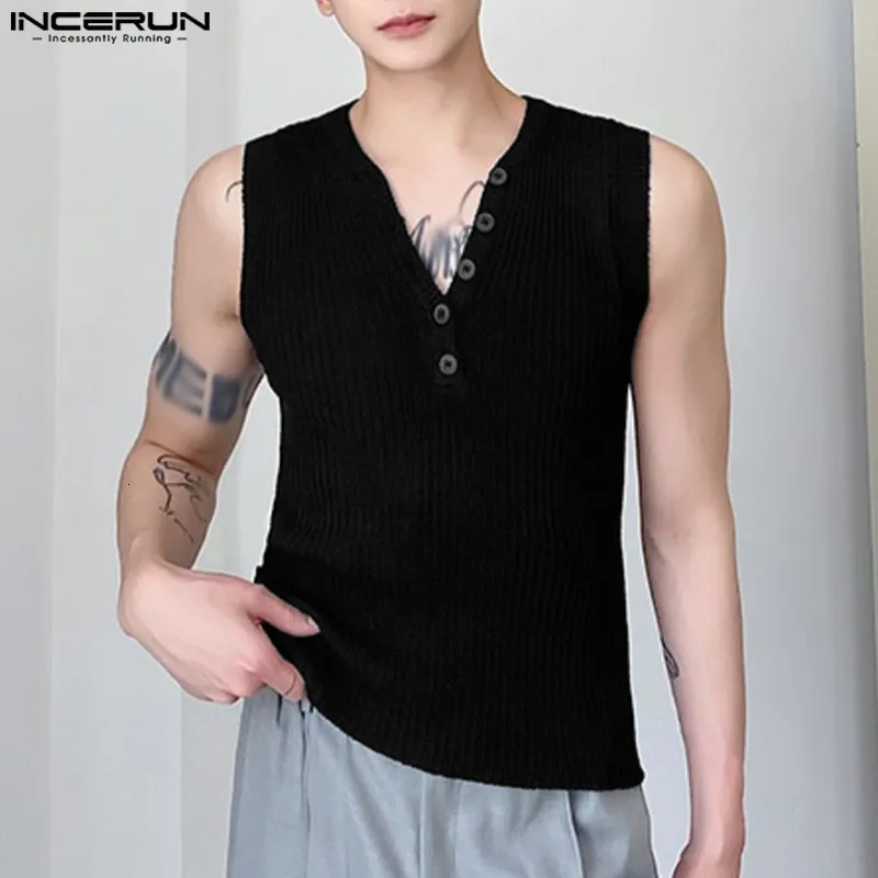 Men's Tank Tops Men Tank Tops Solid Color V Neck Sleeveless Knitted Streetwear Casual Male Vests Summer Stylish Men Clothing S-5XL INCERUN 230721