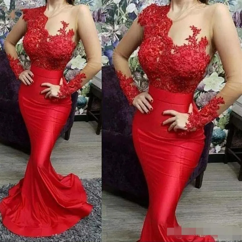 Robes de soirée perlées rouges de luxe manches longues illusion dentelle appliques sirène balayage train perlé pure cou satin sur mesure Prom2466