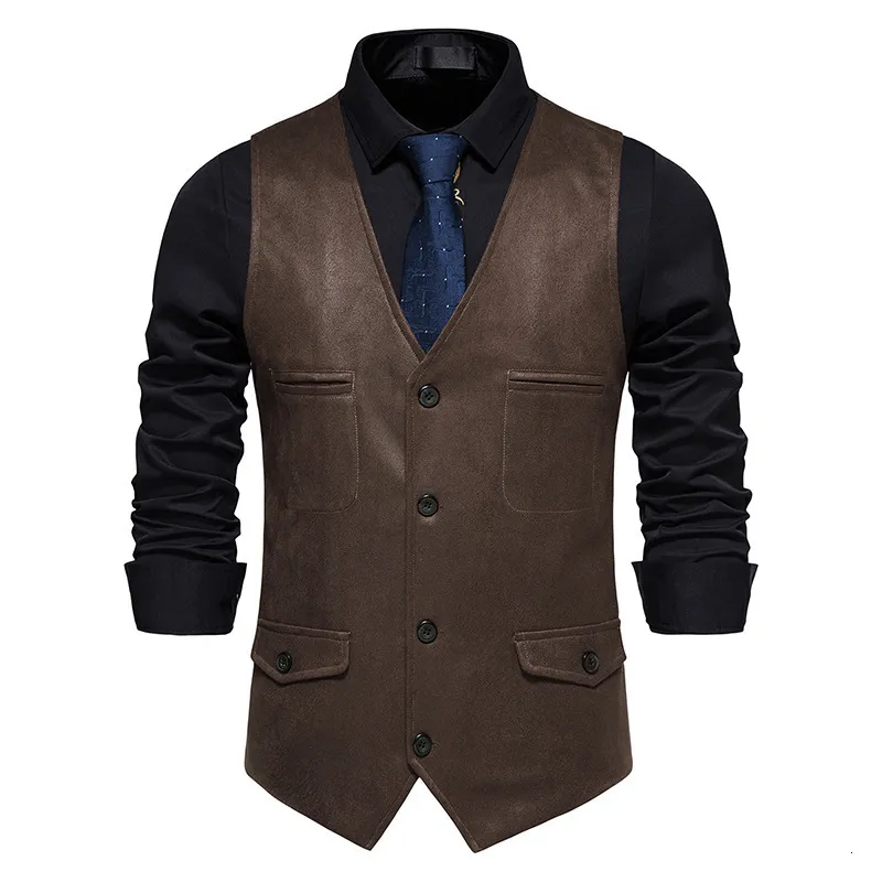 Trajes de hombre Blazers Vintage Coffee Suede Leather Suit Chaleco Hombres Marca Sin mangas Casual Western Chaleco Chaleco Hombres Party Gilet Costume Homme XXL 230721