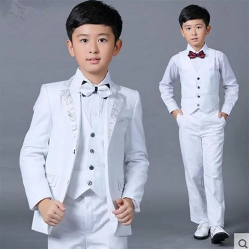 Meninos ternos de casamento novo tamanho 2-10 terno branco menino festa formal cinco conjuntos gravata borboleta calças colete camisa crianças ternos em estoque291x