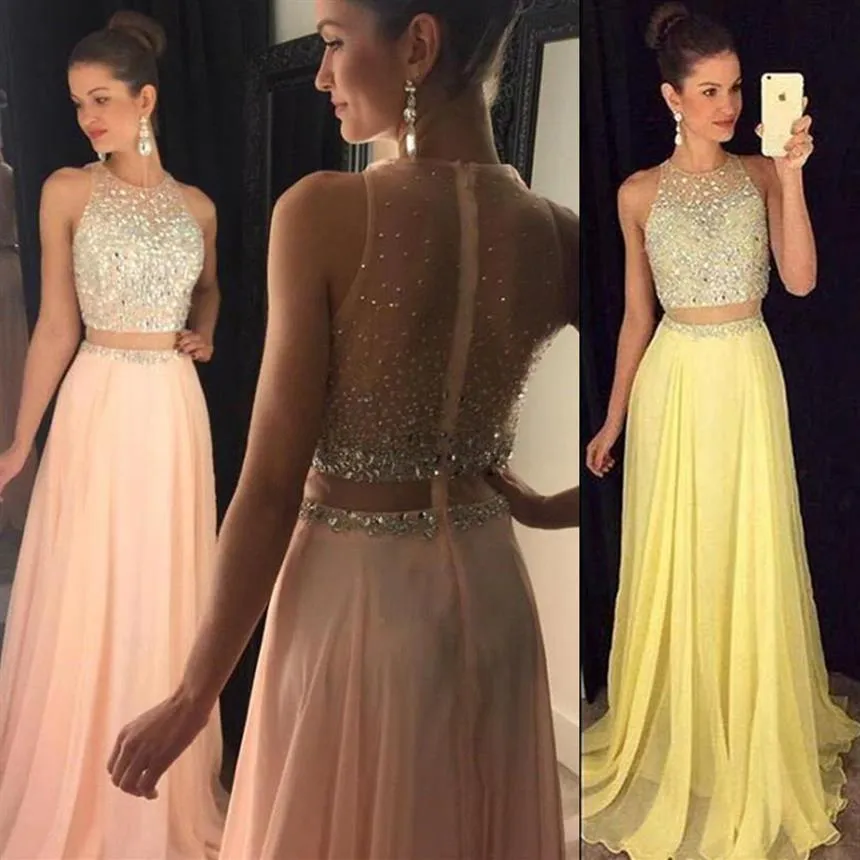 Ny billig illusion Två stycken Prom Dresses Jewel Neck Yellow Peach Chiffon Long Crystal Beads 2 Pieces Open Back Party Dress Eveni238y