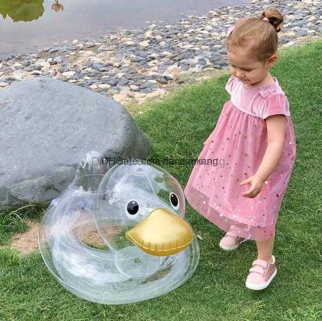 cute baby inflatable swim seat rings transparent yellow duck mattress floats swimming pool children floating tubes toy cartoon ducks seats ring