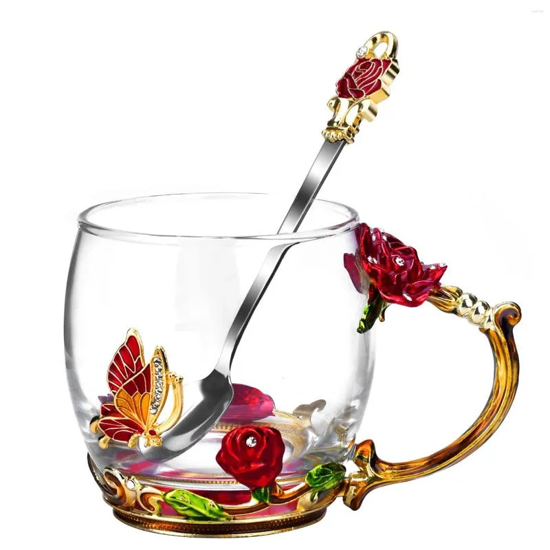 Mugs 330ml Heat Resistant Mom Wife Tea Cup Decorative Glass Coffee Mug Birthday Drinkware Anniversary Red Roses Transparent Handmade
