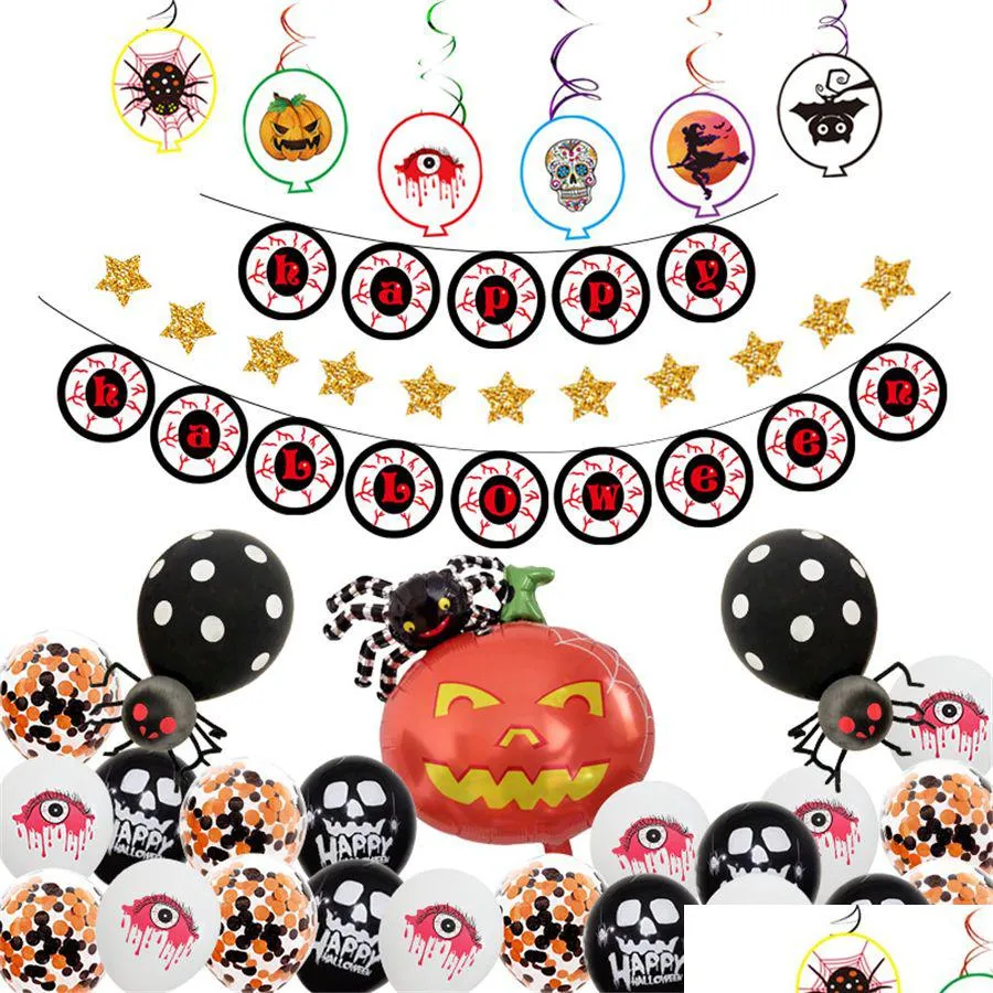 Décoration de fête 4 Style Halloween Ballon Ensemble Horreur Oeil Pl Drapeau Latex Feuille D'aluminium Ballons Festival Tentures Jk1909 Drop Delivery Dh9Yv