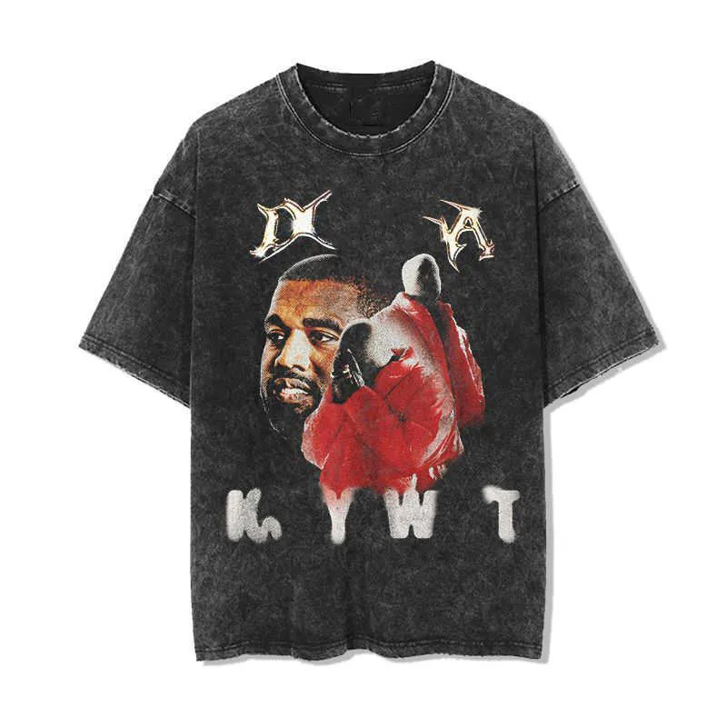 Designer Luxury KanyeS Classic Vintage Hip Hop Rap T-Shirt a maniche corte High Street Washed Old Fashion