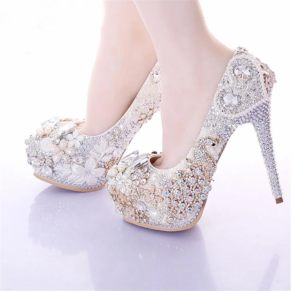 Luxury Ivory High Heels Rhinestone Platform Pumps Wedding Bridal Shoes Unique Design Lavender Dress Shoes for Party244n