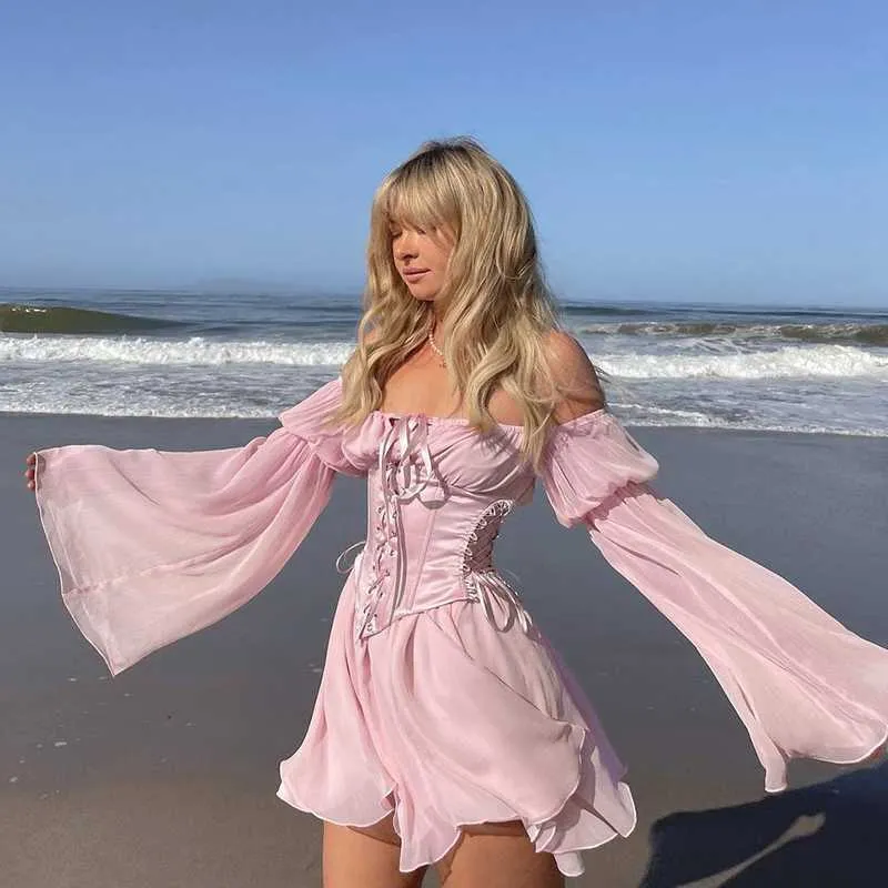 Kvinnor Fairy Pink Chiffon Mini Dress Chic Bandage Corset Vintage Long Puff Sleeve Sundress Slash Neck Bridesmaid Bodycon Beach On Vacation Dress