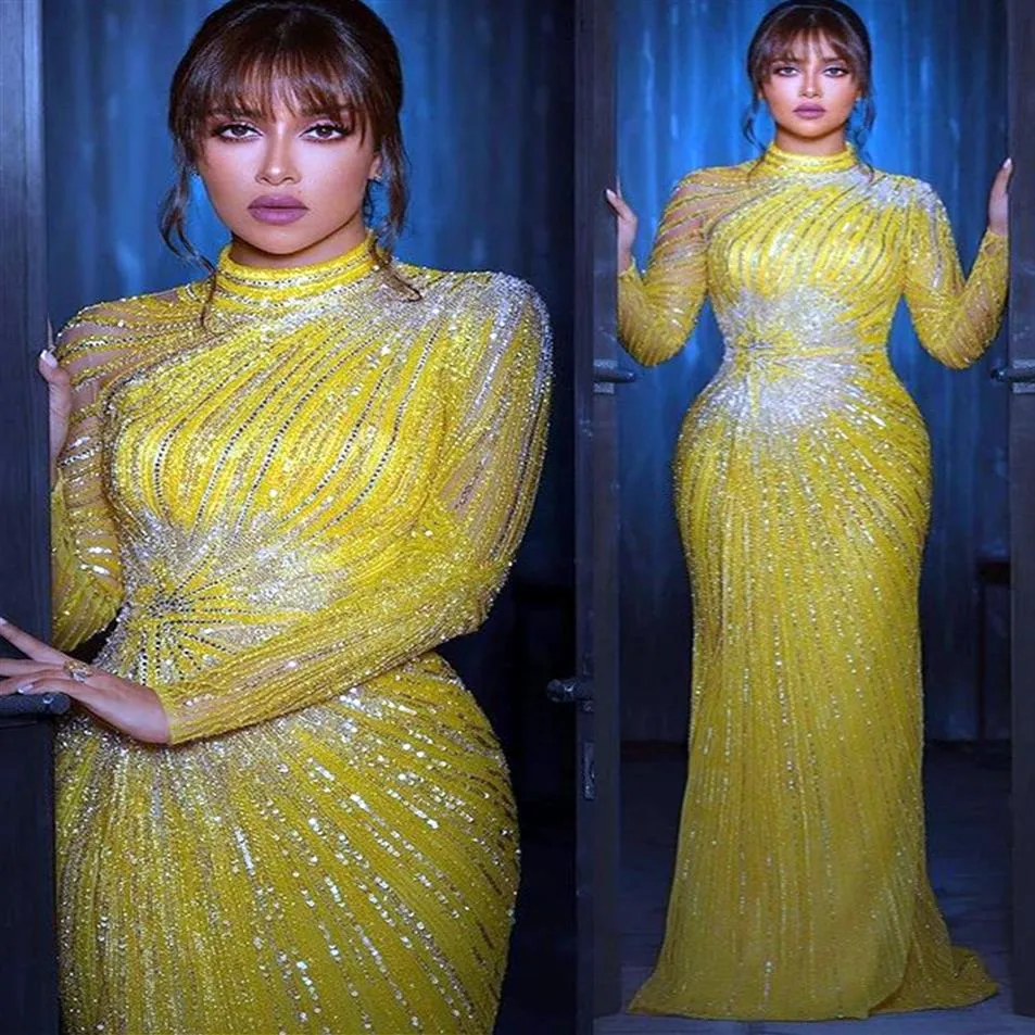 2021 Plus Size Arabic Aso Ebi Yellow Luxurious Sparkly Prom Dresses Beaded Sequined Sheath Evening Formal Party Second Reception G291H