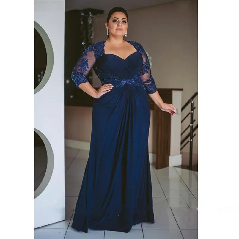 Plus Size Moeder van de Bruid Jurken voor Bruiloft Donker Marineblauw Kant Chiffon Kolom Vloer Lengte Vrouwen Formele avondjurken265D