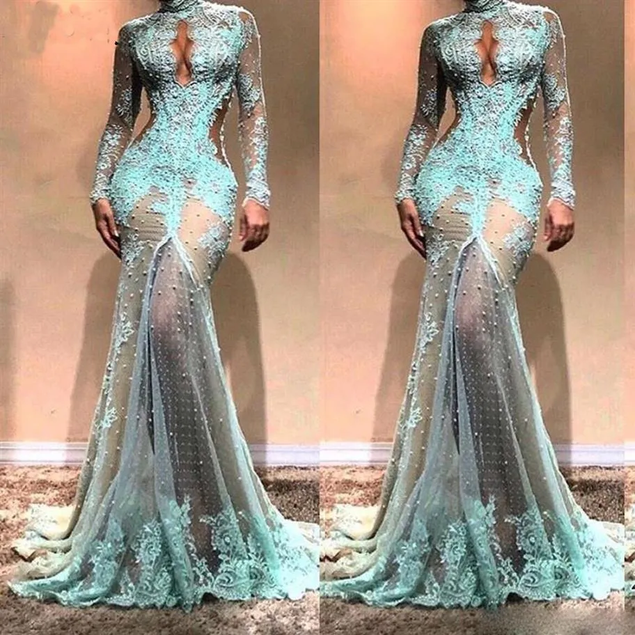 Tiffany azul Mangas largas Sirena Vestidos de baile 2019 Cuello alto Ver a través de encaje Vestido de noche formal Robe de soirée Celebrity Gowns3289