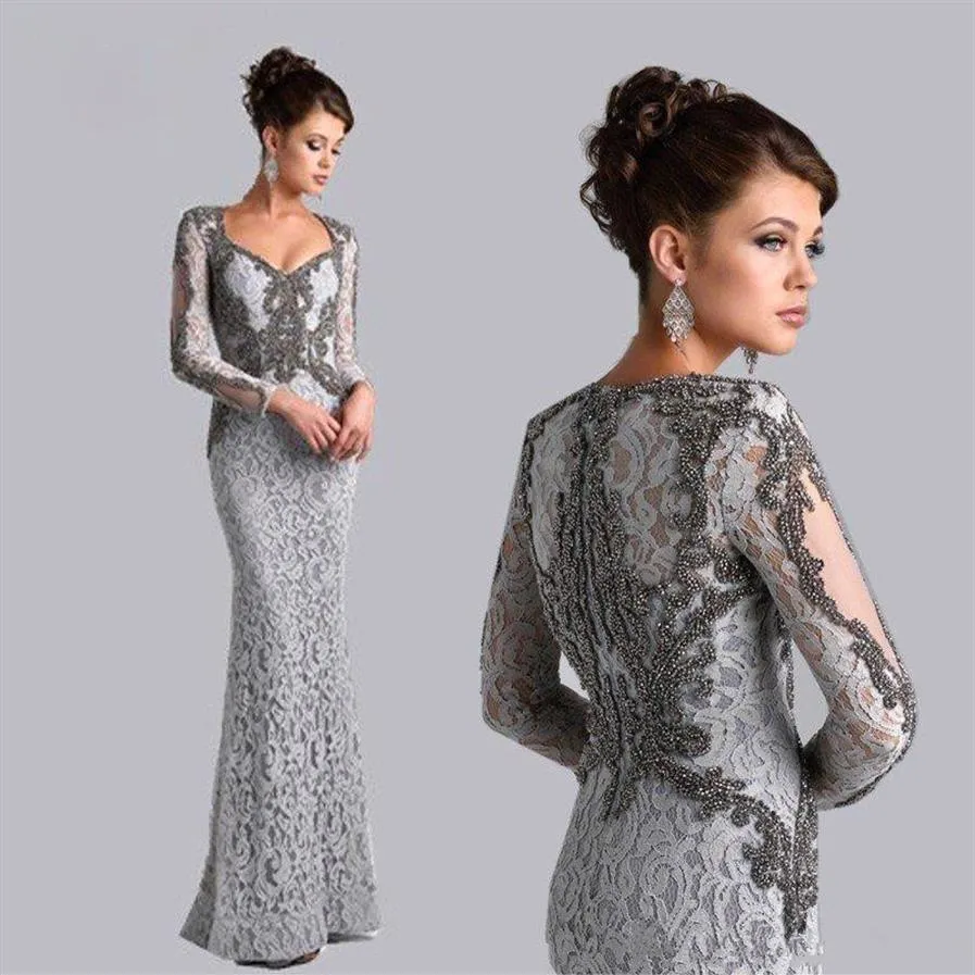 Silverpärledare Mor till bruden Suits Prom -klänningar Modliga långa ärmar Lace Mothers Dresses Plus Size Formal Party Evening Gowns253R