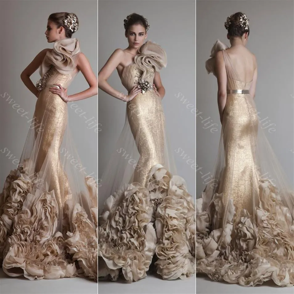 2019 Luxury Long Krikor Jabotian Mermaid Evening Dresses Backless One Shoulder Ruffles paljetter Formell Prom Party Pageant Dress MA264W