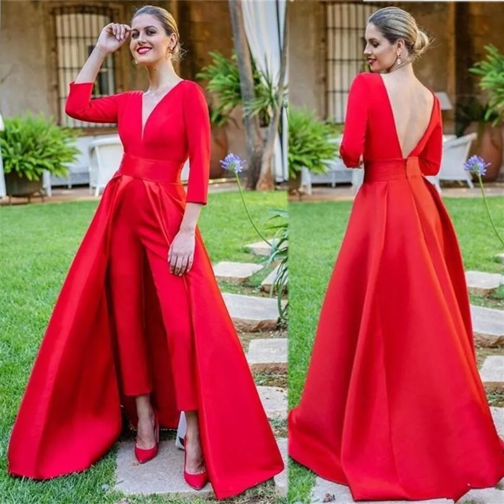 Elegante rote Satin-Overalls, Abendkleider, bodenlanges Abendkleid mit langen Ärmeln, Party-formales Kleid Robe de Soiree295d