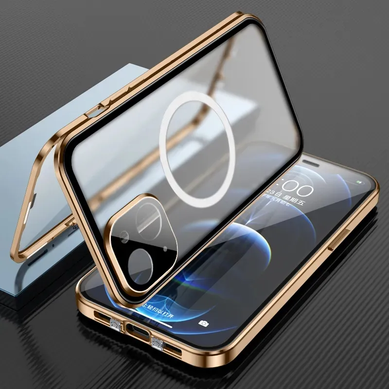 Metall-Magnethülle für iPhone 15 14 13 12 11 Pro Max, kabelloses Laden, 360 ° versiegeltes Glas, Fallschutz