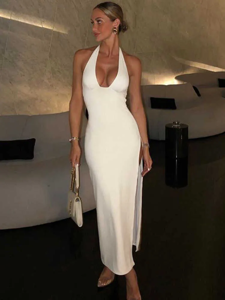 White Halter Backless Bodycon Slit Prom Maxi Dress Women Summer Elegant Birthday Party Night Evening Ladies Tight Long Dresses