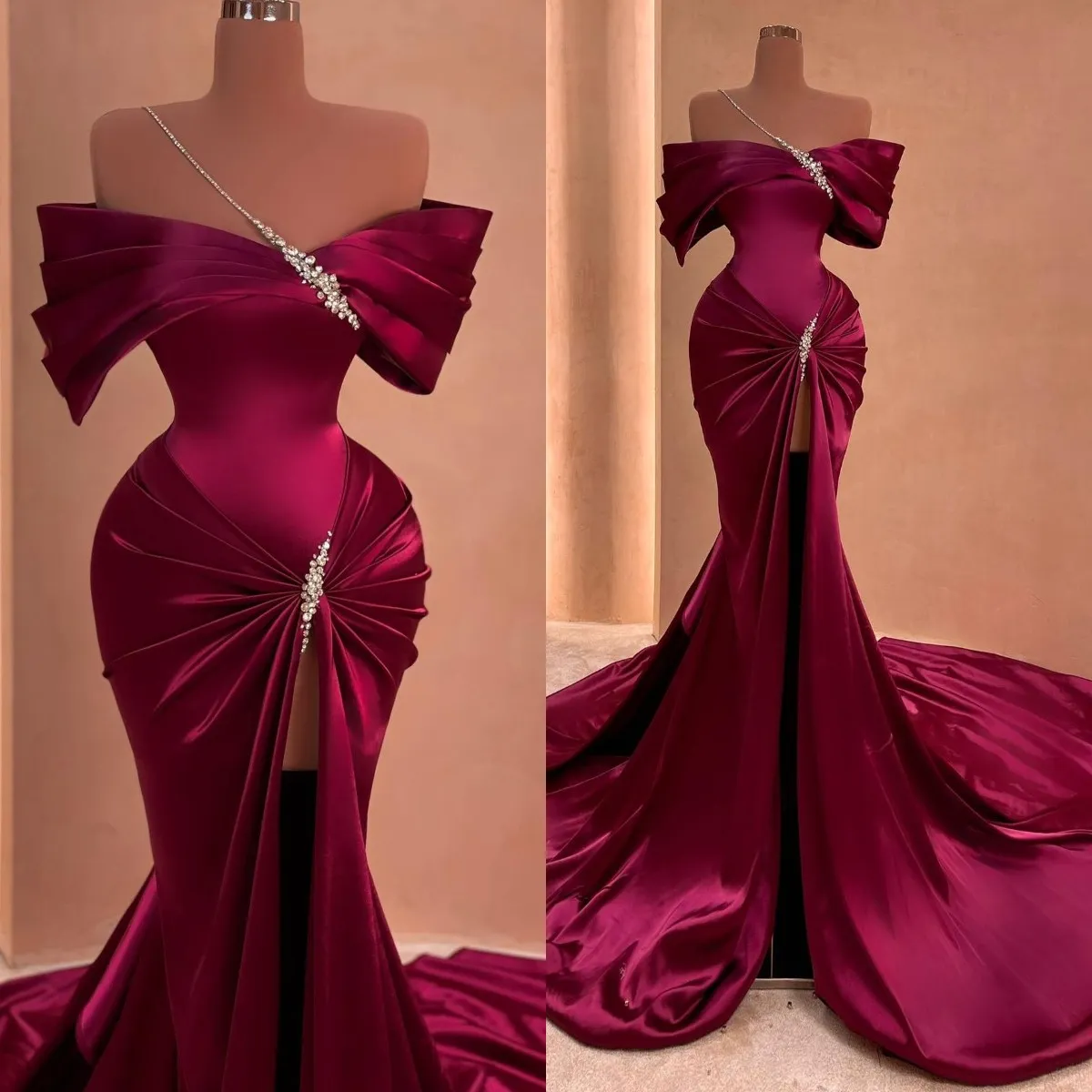 Burgundy Mermaid Evening Gown Off Shoulder Crystal Straps Party Prom Dresses Pleats Sweep Train Formal Long Dress for red carpet special occasion