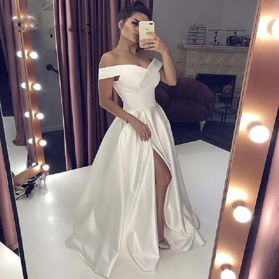 2019 Sexy Cuello En V Largo Blanco Vestido De Fiesta Con Abertura