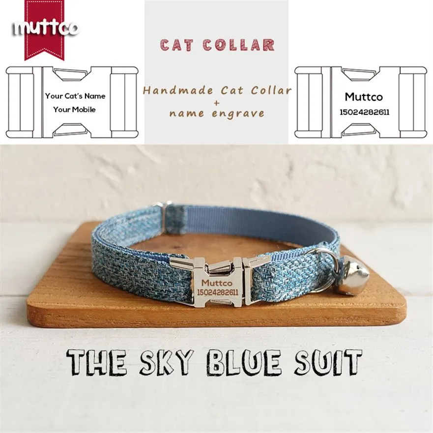 MUTTCO Adjustable pet collar for cat training comfortable kitten necklace THE SKY BLUE SUIT handmade engrave cat collar 2 sizes UC287d