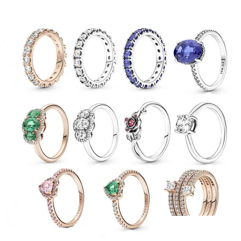 Anéis de Casal 925 Sterling Sier Pandora Rose Gold Anel de Natal Verde Azul Jóia Adequado para Mulheres Jóias Acessórios de Moda Dro Dhxis