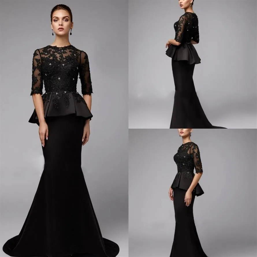 Peplum Black Mermaid Mother Of The Bride Dresses Cheap Long Sleeve Lace Wedding Guest Dress Plus Size Half Sleeve Bead Mothers Gro312P