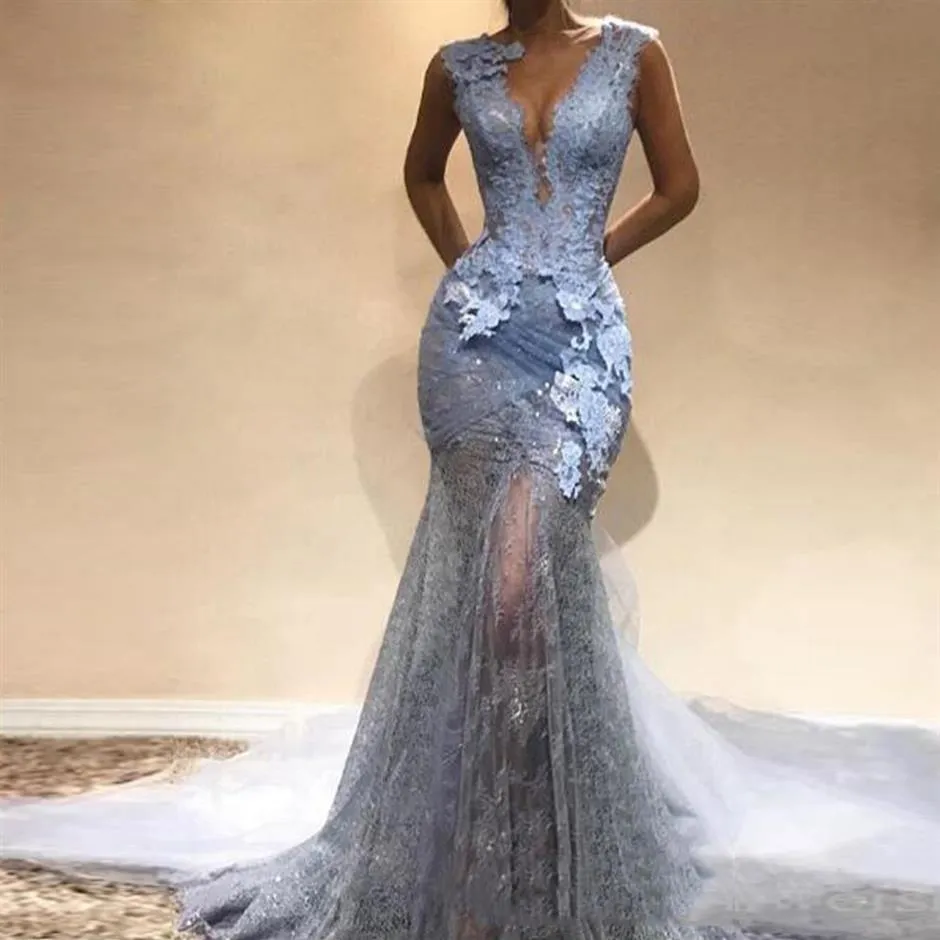 Abendkleider 2020 Dusty Blue Lace Long Mermaid Prom Dresses Sexig V Neck ärmlösa formella festklänningar Vestido de Festa265o