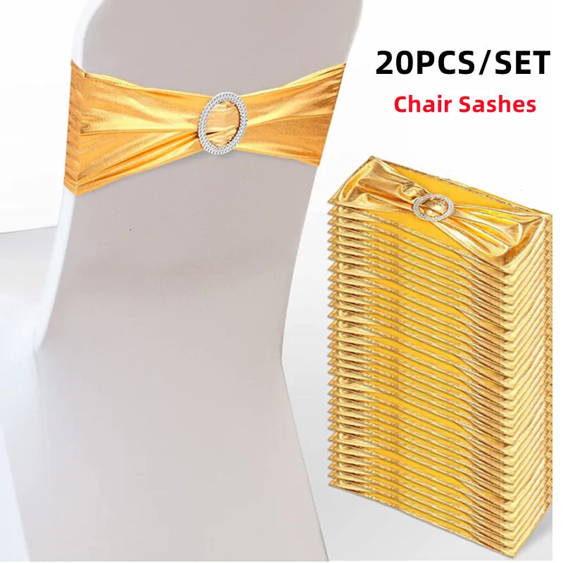 Kanatlar 20 adet SPANDEX Sandalye Sashes Tokalı Metalik Altın Streç sandalye Düğün El Ziyafet Etkinlikleri Sandalyesi Dekorasyonları 230721