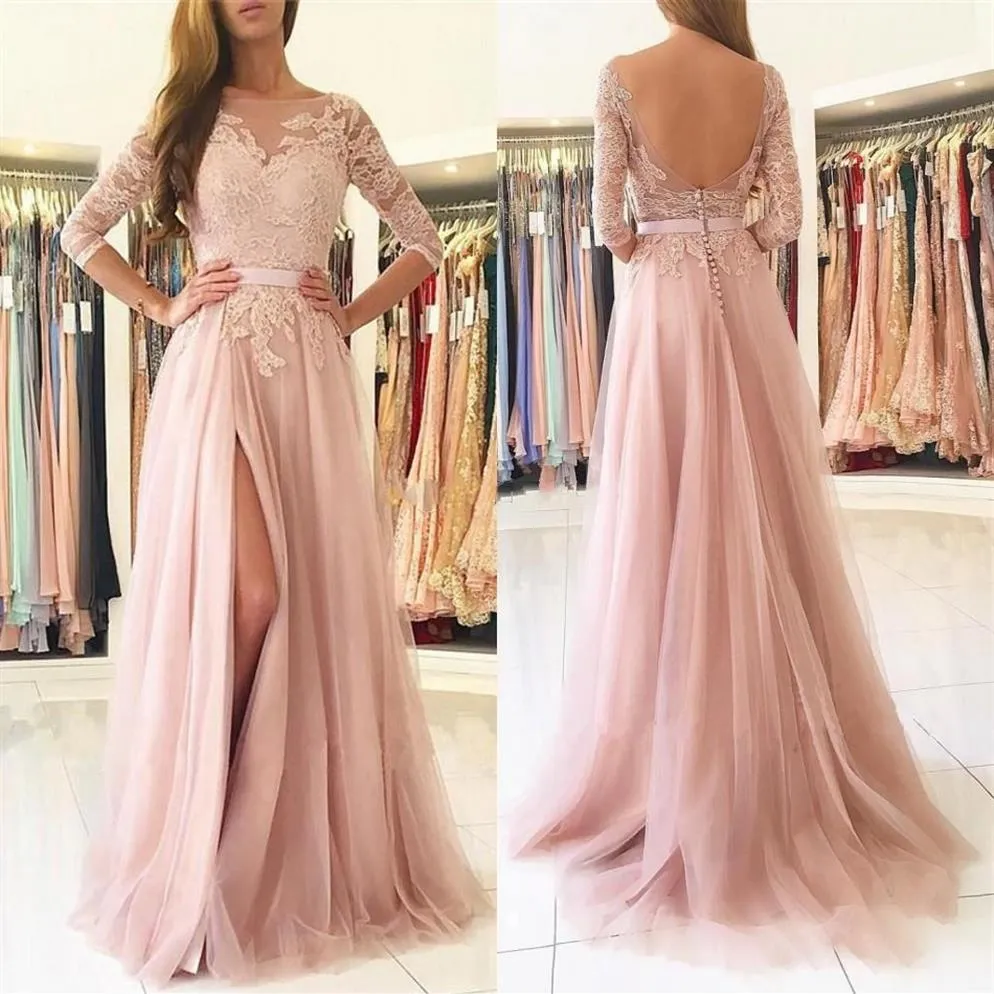 Blush Roze Split Lange Bruidsmeisjes Jurken 2020 Doorzichtige Hals 3 4 Lange Mouwen Appliques Kant Bruidsmeisje Country Bruiloft Gast Gown167E