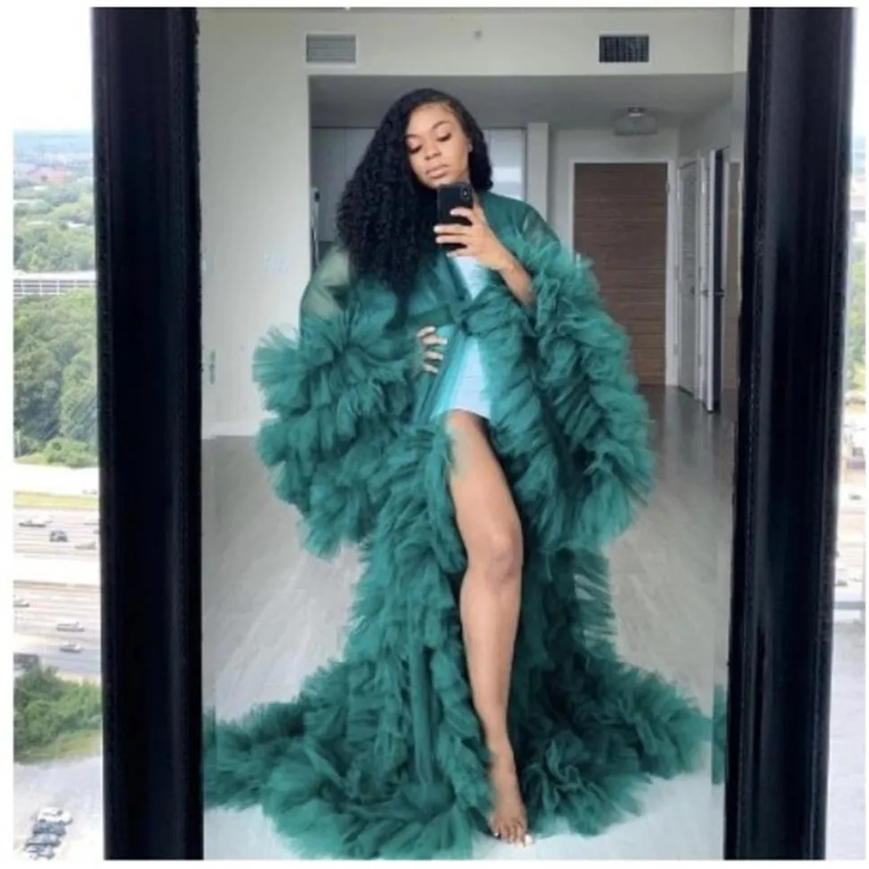 dark green Fashion Ruffles Tulle Kimono evening Dresses Robe Extra Puffy Prom Party Dresses Puffy Sleeves African Cape Cloak Pregn270D