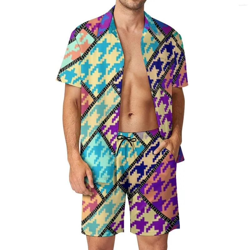 Herrespår färgglada hundstoth män sätter lapptäcke stil casual skjorta set roliga semester shorts sommarmönster kostym 2 stycke kläder